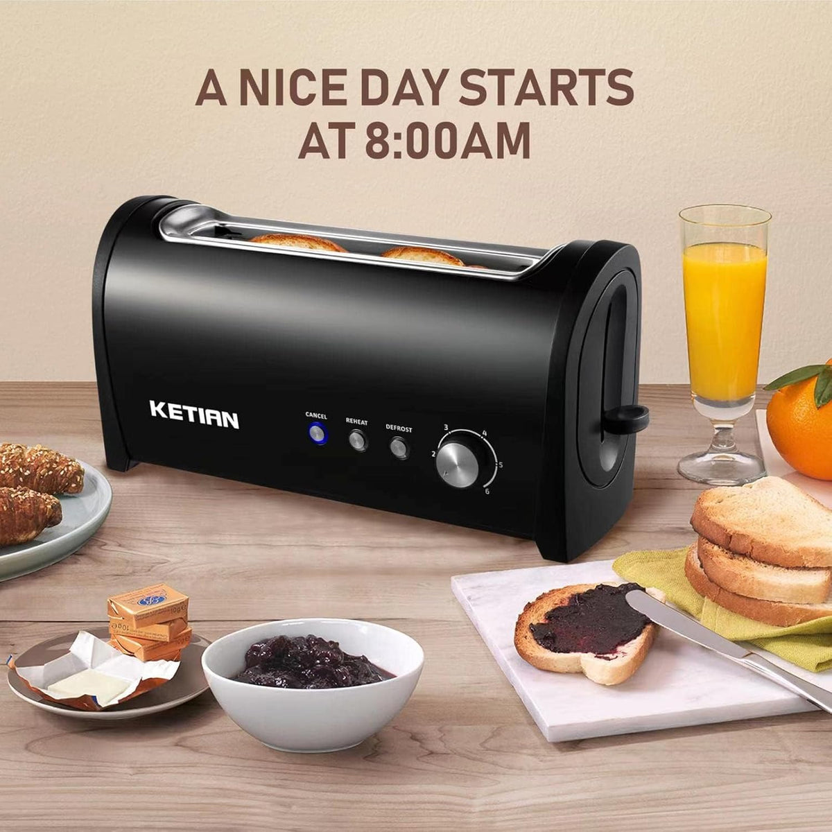 Long Slot Toaster 2 Slice,Cancel Reheat Defrost Functions,Removable Crumb Tray,6 Browning Settings,Extra Wide Long Slots,Stainless Steel,Black