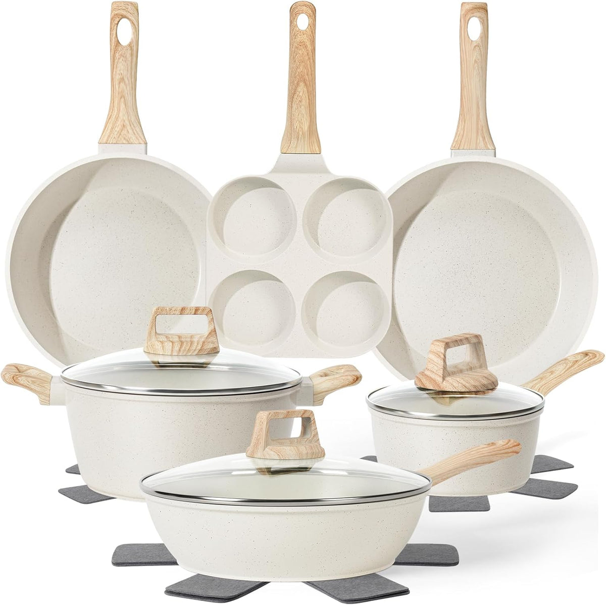 13 Pcs Pots and Pans Set, Nonstick Cookware Sets White Granite Induction Cookware, Non-toxic Healthy Non stick Kitchen Cooking Set with Frying Pans Set, Saucepans (PFAS/PFOA/PFOS Free)