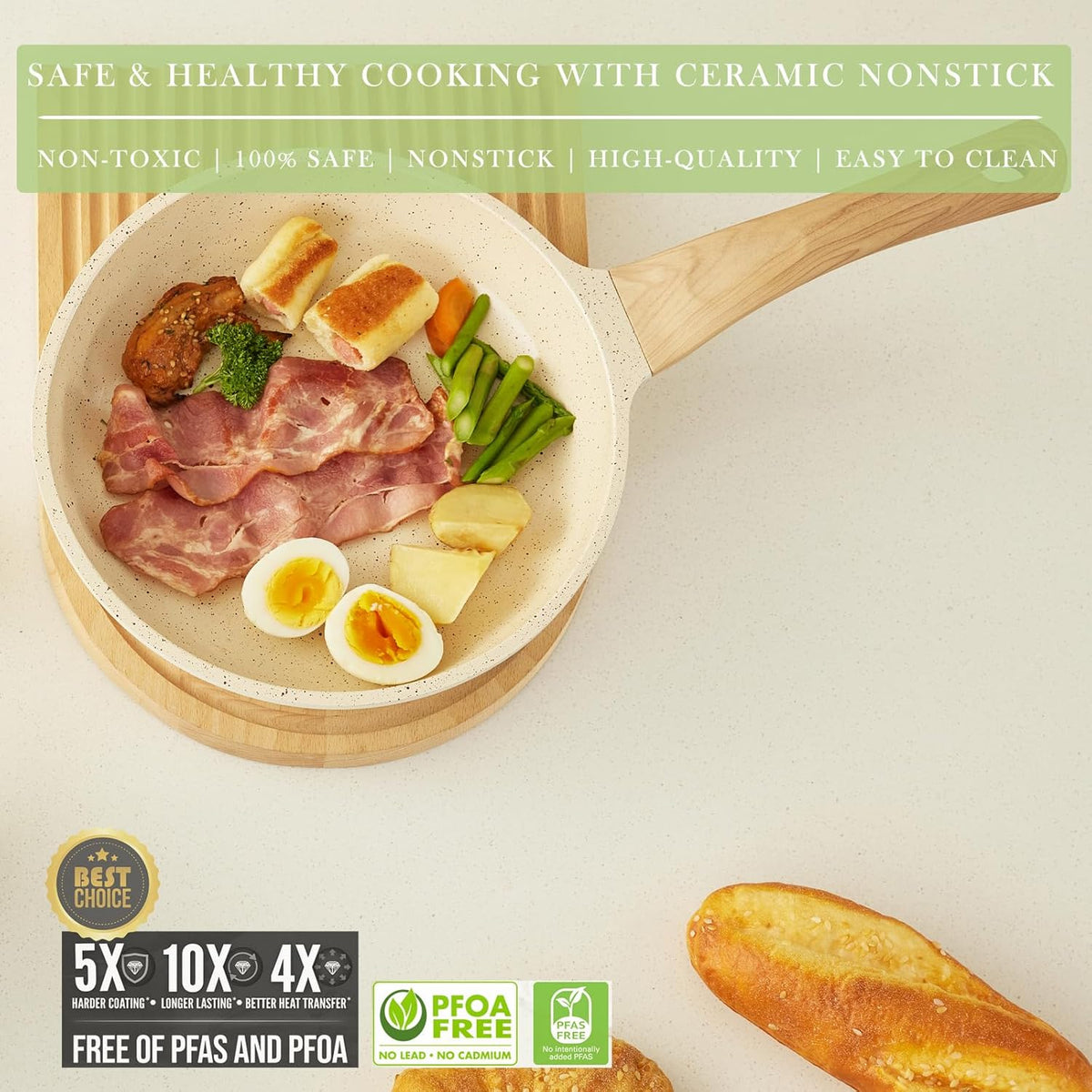 Pots and Pans Set Non Stick, Healthy Ceramic Cookware Set, 3pcs Kitchen Pots Frying Pan Saucepan, PFAS-Free, Cream