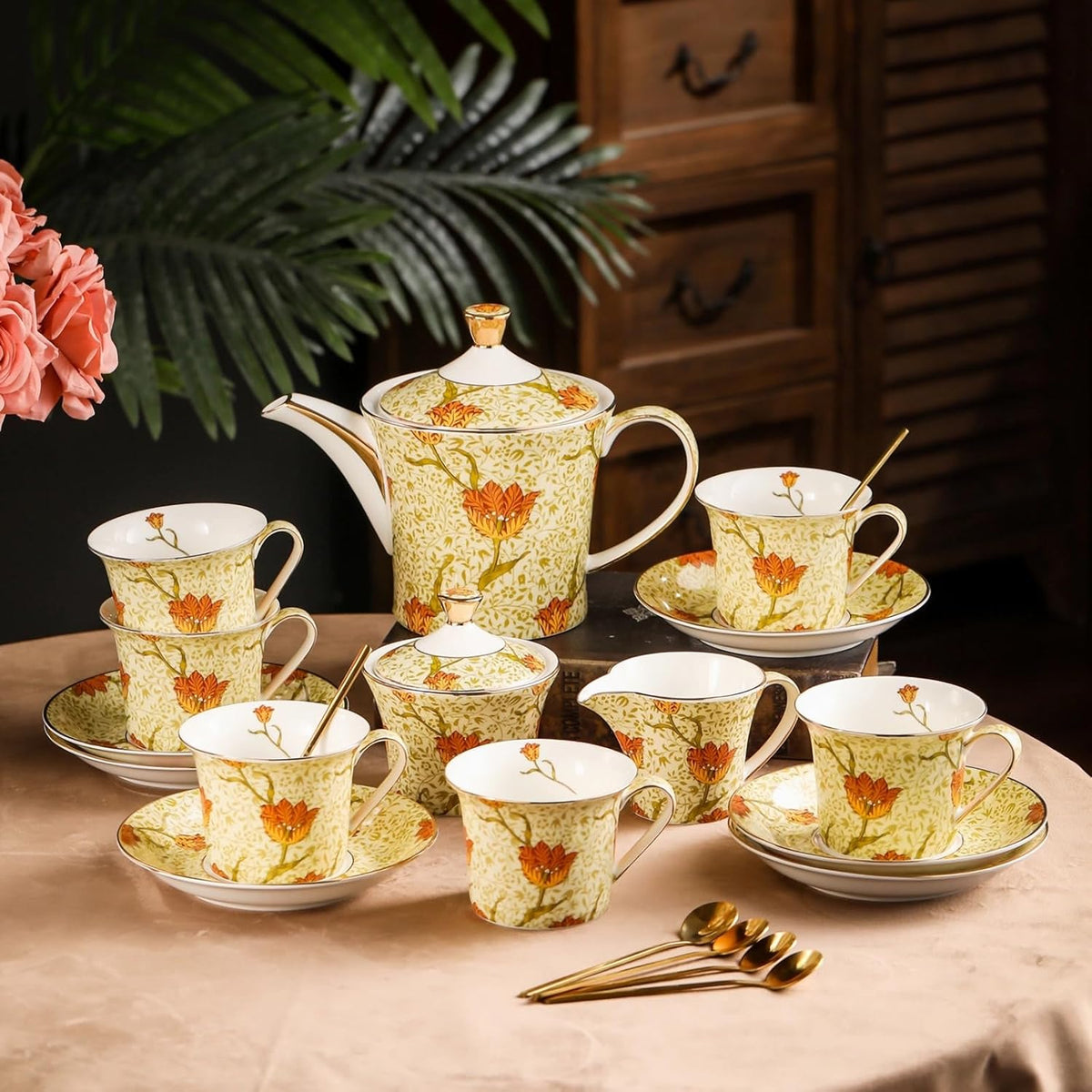 ACMLIFE Tea Set for Adults- Fine China Tea Set for 6, 21-Piece Vintage British Coffee Set English Porcelain Tea Pot Sets for Adult Tea Party for Women Gift (Tulip Yellow, Extra Large 21)