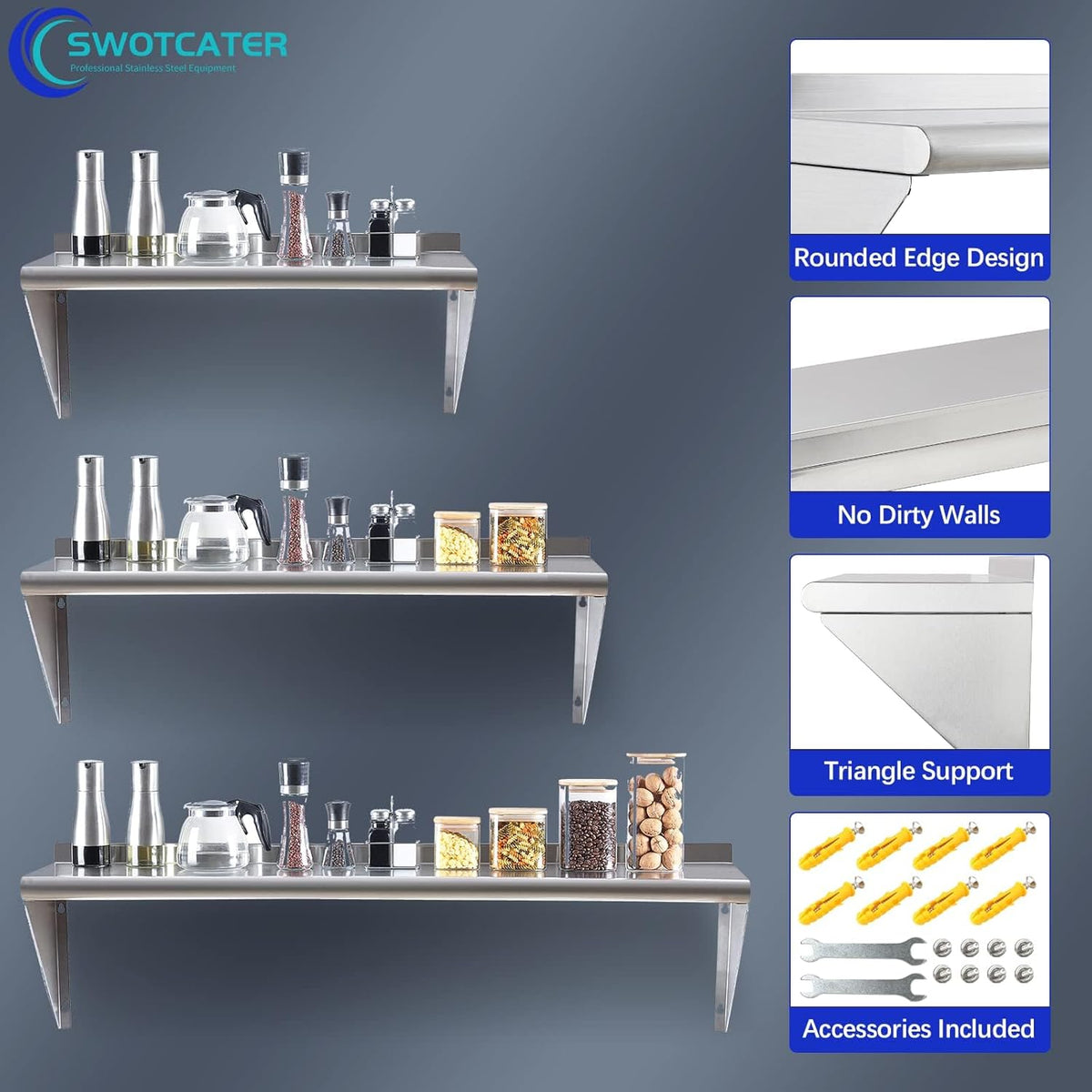 Stainless Steel Shelf 12"x36", Space-Saving Wall Mounted Shelving, 280lb Heavy Duty Steel Shelves with Easy-Clean Surface for Kitchen, Restaurant, Bar, Hotel (Commercial & Home Use)