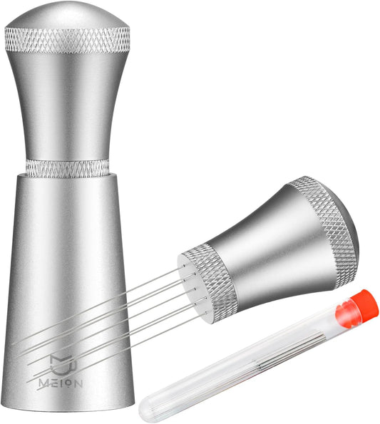 WDT Espresso Distribution Tool Espresso Stirrer Tools for Barista, 0.35mm 7 Needles Espresso Coffee Stirrer with Extra 7 Replaceable Needles, Aluminum Alloy Handle with Stand (Silver)