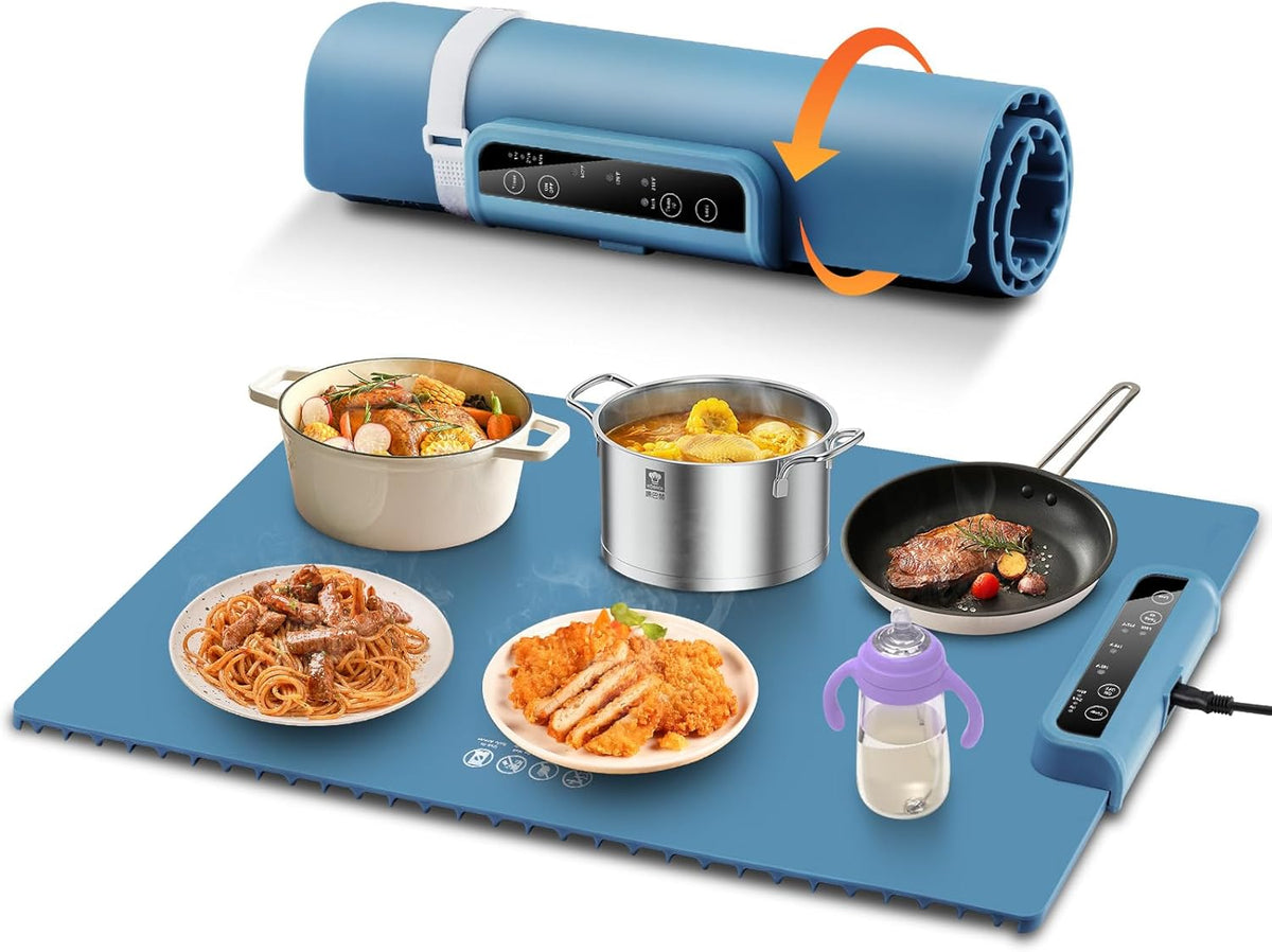 Warming Mat for Food, Full Surface Heating Electric Warming Tray for Food, 3-Temperature Settings Portable Food Warming Mat, Auto Shut-Off Rollable Warming Trays for Buffets Party, Gatherings Blue