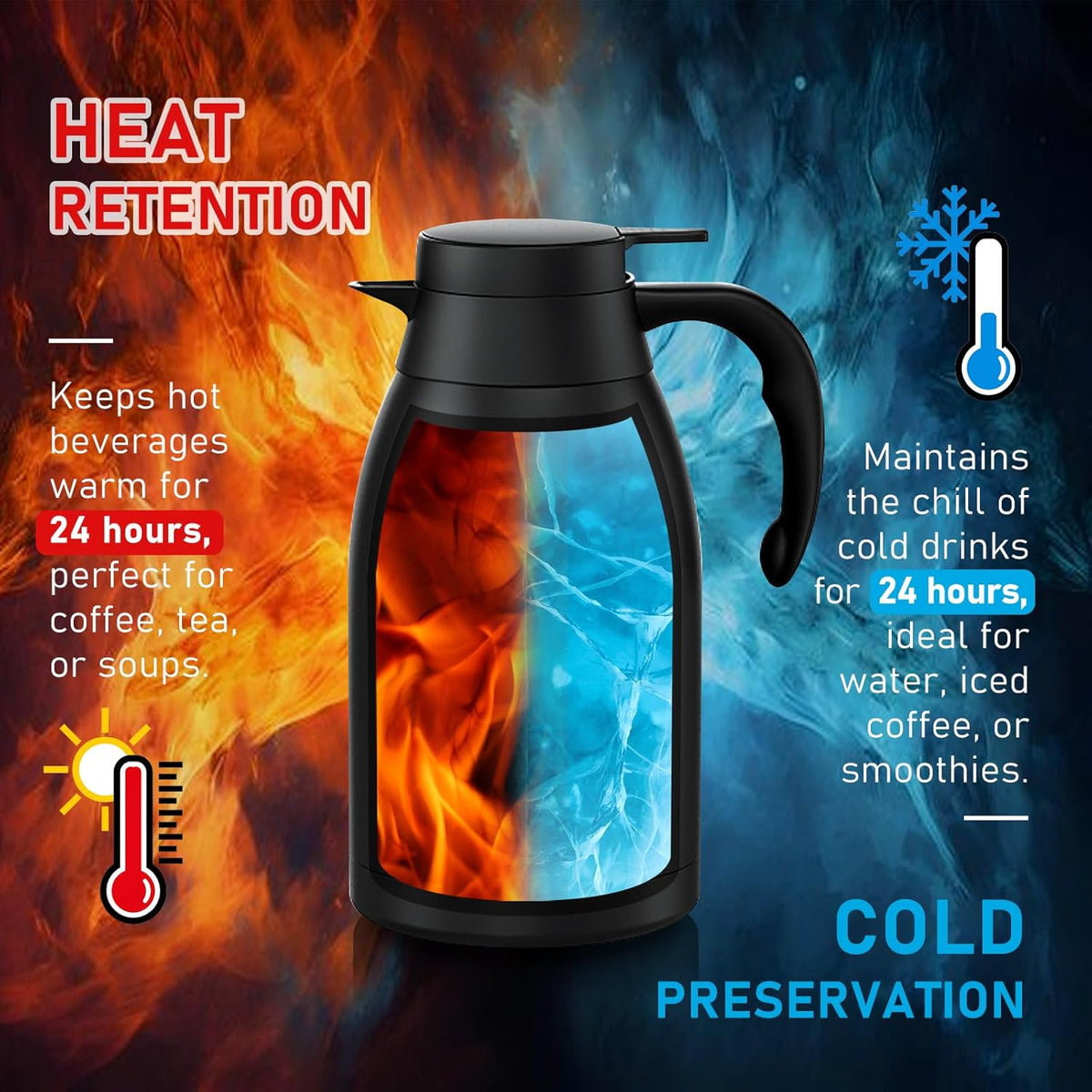 Thermal Coffee Carafe 2L/68 Oz Double-Wall Vacuum 304 Stainless Steel Insulated Thermoses Flask, 24-Hour Keeps Hot/Cold, Leak-Proof, for Travel, Work, Outdoor, BPA-Free, Easy to Clean