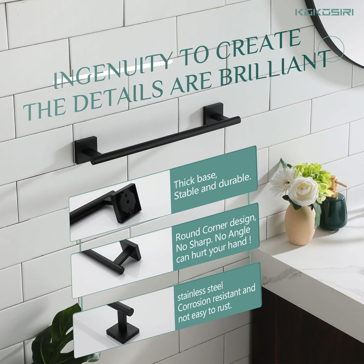 KOKOSIRI Bathroom Towel Bars 16 Inch Towel Rail Matte Black 40CM Hand Towel Holder for Bath Kitchen Wall Stainless Steel B4005BK-L16