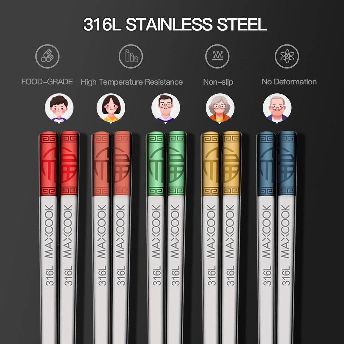 Metal Chopsticks, 5 Pairs 316L Stainless Steel Chopstick，Non-Slip Sushi Chop sticks with Laser Engraving, Reusable Chopsticks for Japanese Cuisine (9.25 Inch)