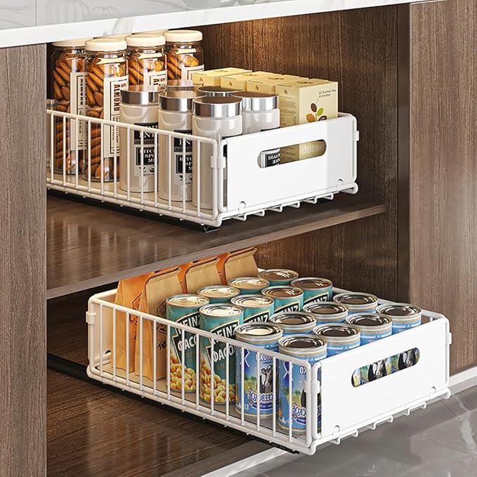 Pull Out Cabinet Organizer Slide Out Drawer Storage Shelves Cupboard Organiser Sliding Cabinet Basket for Kitchen No Drilling and Nailing (White, 4Piece 9.8"W X15"D X 7.5"H)