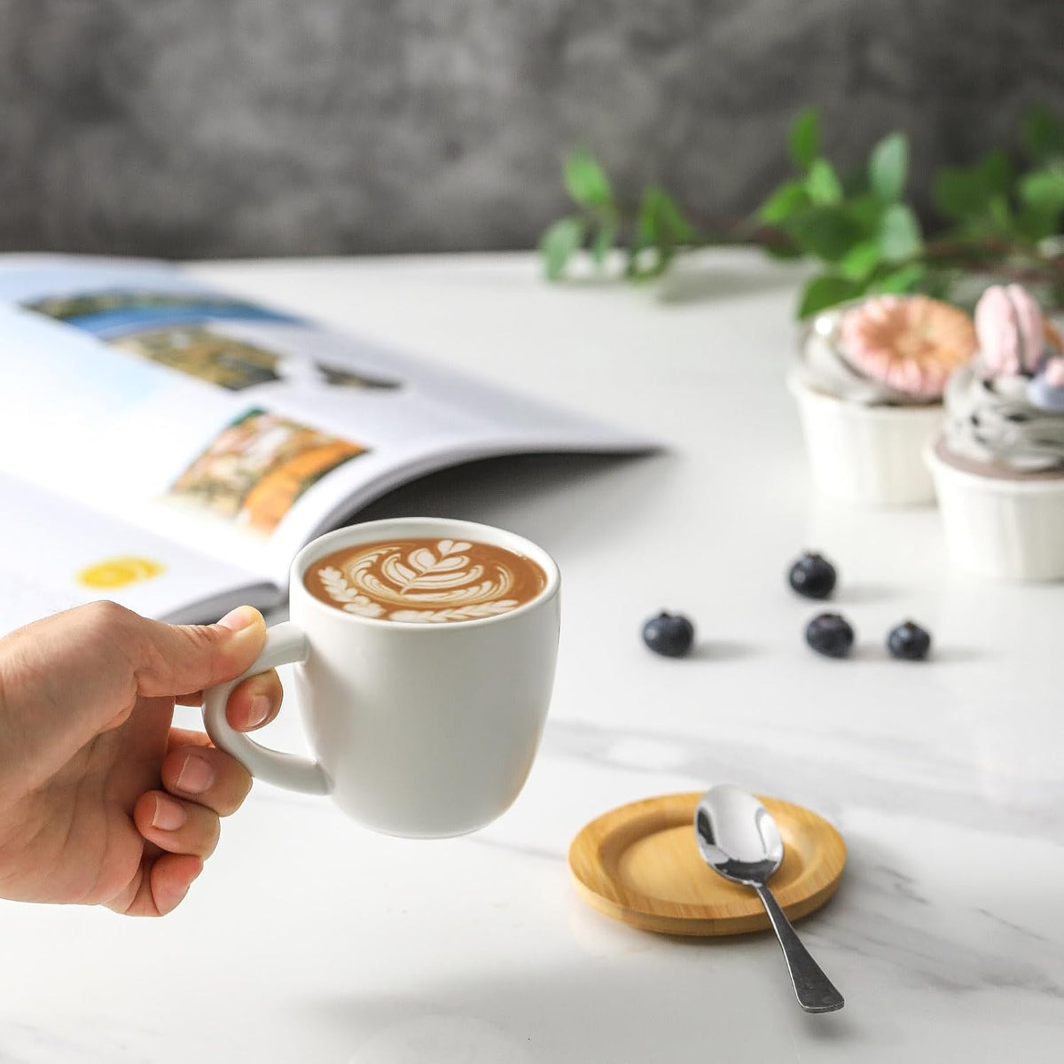 Hasense Cappuccino Cups with saucers, 6 Ounce Ceramic Coffee Mugs Set of 6 Perfect for Espresso, Specialty Coffee Drinks, Latte, Cafe Mocha and Tea, White