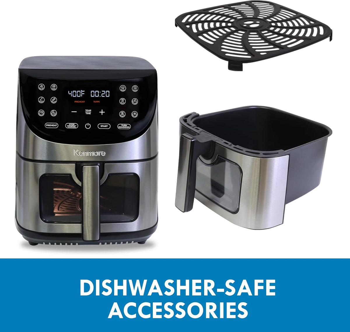 Kenmore 8 Quart Air Fryer - Aerogrill, Non-Stick Frying Basket, French Fry, Digital Touch Screen, 12 Presets, Freidora Eléctrica, Countertop Cooking Kitchen Appliance, Stainless Steel, Black