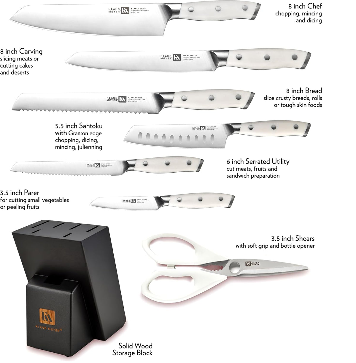 Stahl High Carbon Exclusive German Steel 8 Piece Knife Block Set (White)
