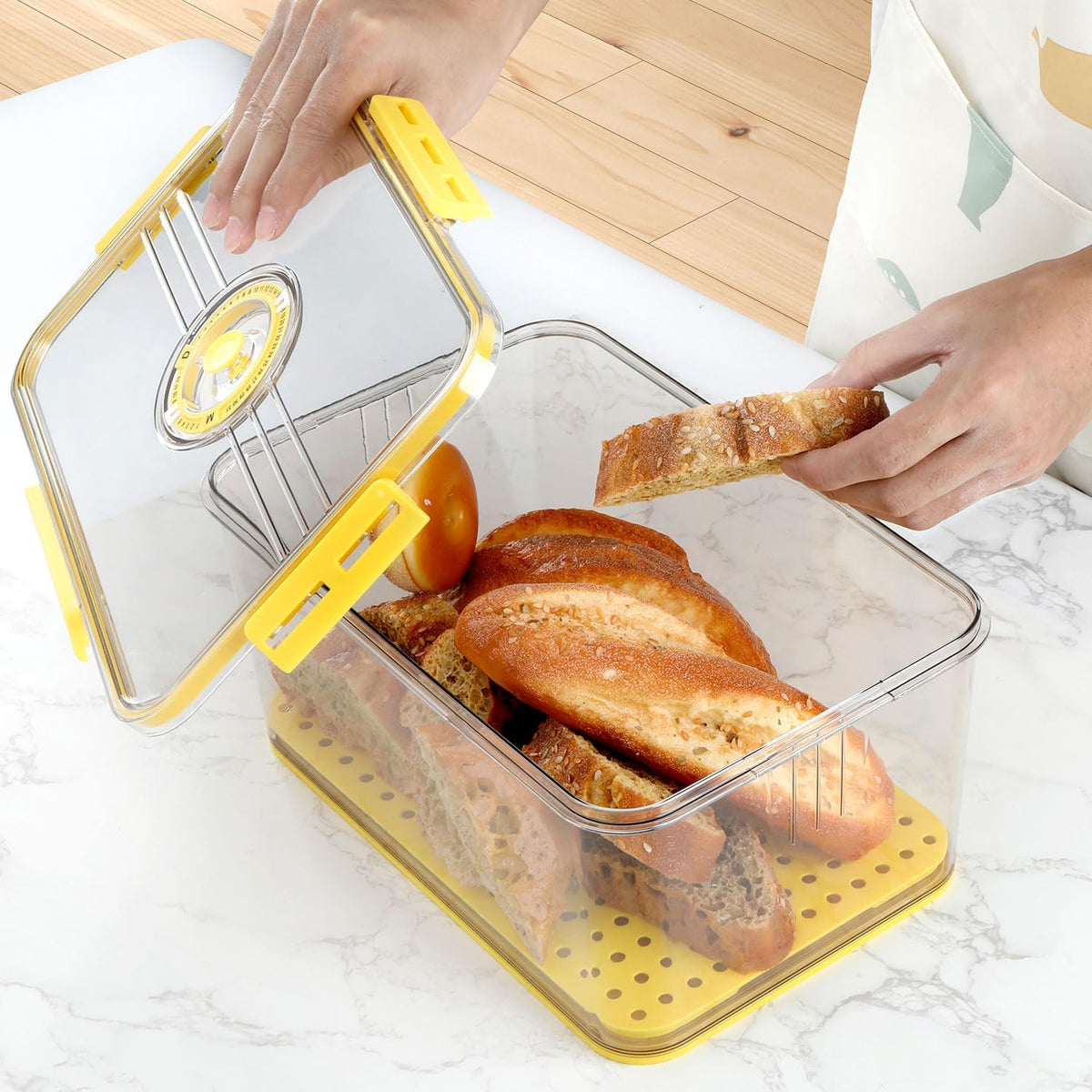 Airtight Bread Box - Clear Plastic Bread Keeper, Fresh Storage for Kitchen Countertop, Large Yellow