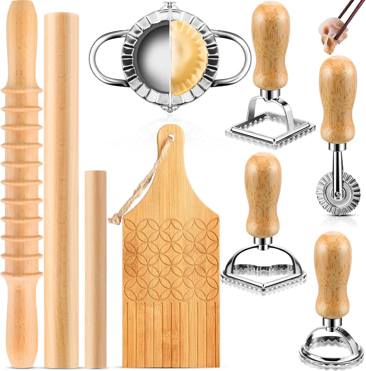 9 Pcs Gnocchi Pasta Making Tools kit - Gnocchi Board, Pasta Cutter, Ravioli Stamp, Wood Threaded Pasta Roller Pin Set, Noodle and Dumplings Maker, Homemade Kitchen Gift for Pasta Lovers