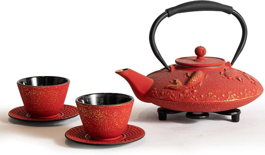 Cast Iron Teapot Set with 2 Tea Cups, 7Pcs Japanese Tea Kettle with Stainless Steel Infuser, Tea Pot Coated with Enameled Interior, Fish Pattern, 27oz 780ml Red