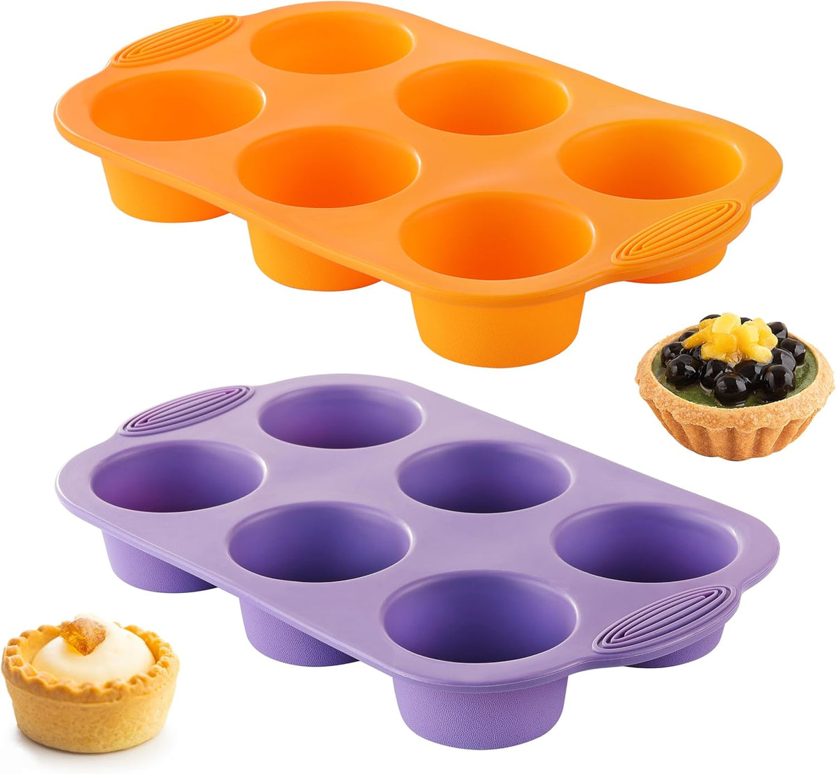JJOO 2PCS Silicone Muffin Pan, 6-Cavity Nonstick Muffin Cupcake Pans Molds for Baking, Great for Cupcakes, Muffin, Brownies and More, BPA Free, Pack of 2 Colors (Orange and Purple)