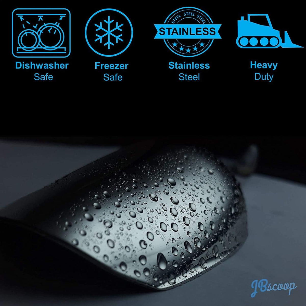 JBscoop Ice Scoop with Holes. Stainless Steel Ice Scoop with Drain Holes to Reduce Unwanted Dilution. Heavy Duty and Dishwasher Safe. Six Ounce Capacity.