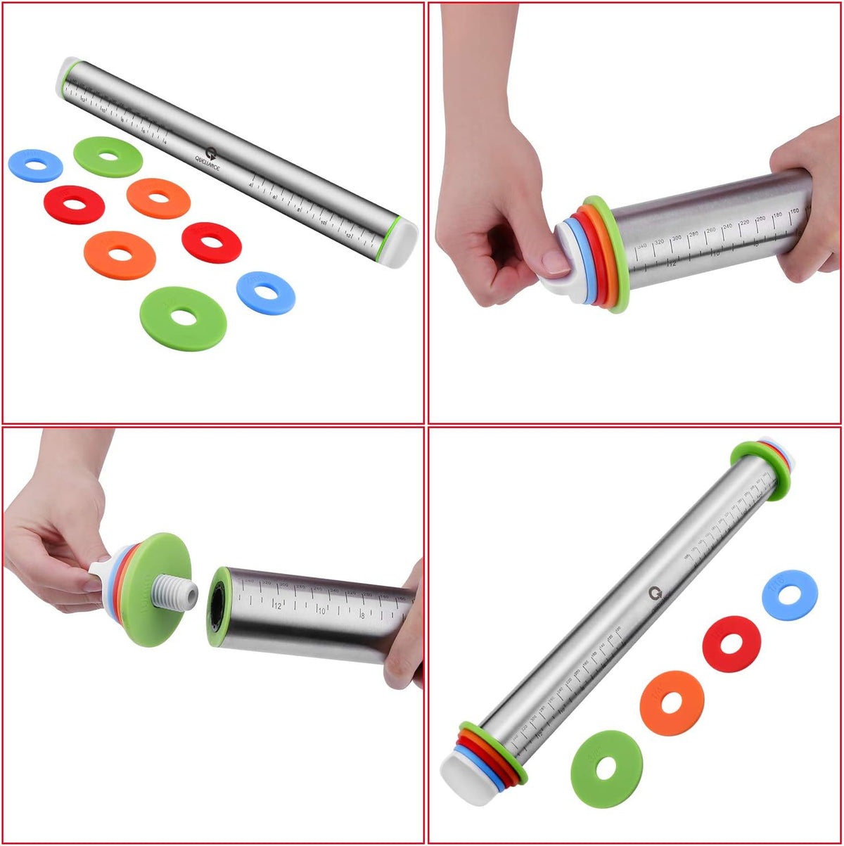 Rolling Pin and Pastry Baking Mat Set, Rolling Pins with Adjustable Thickness Rings, Stainless Steel Dough Roller for Baking Fondant, Pizza, Pie, Pastry, Pasta, Cookies (Black Mat)