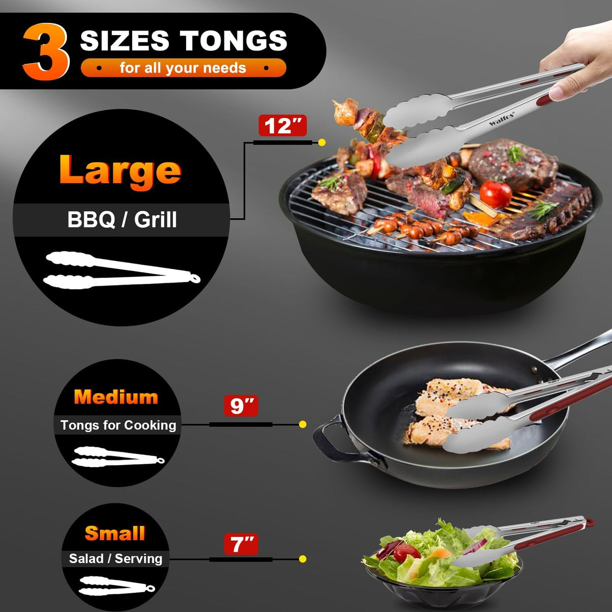 Walfos Stainless Steel Kitchen Tongs - 7, 9 & 12 Inch Heavy Duty Locking Metal Tongs for Cooking, BBQ Grilling, Set of 3 Non-Slip Grip (Wine Red)