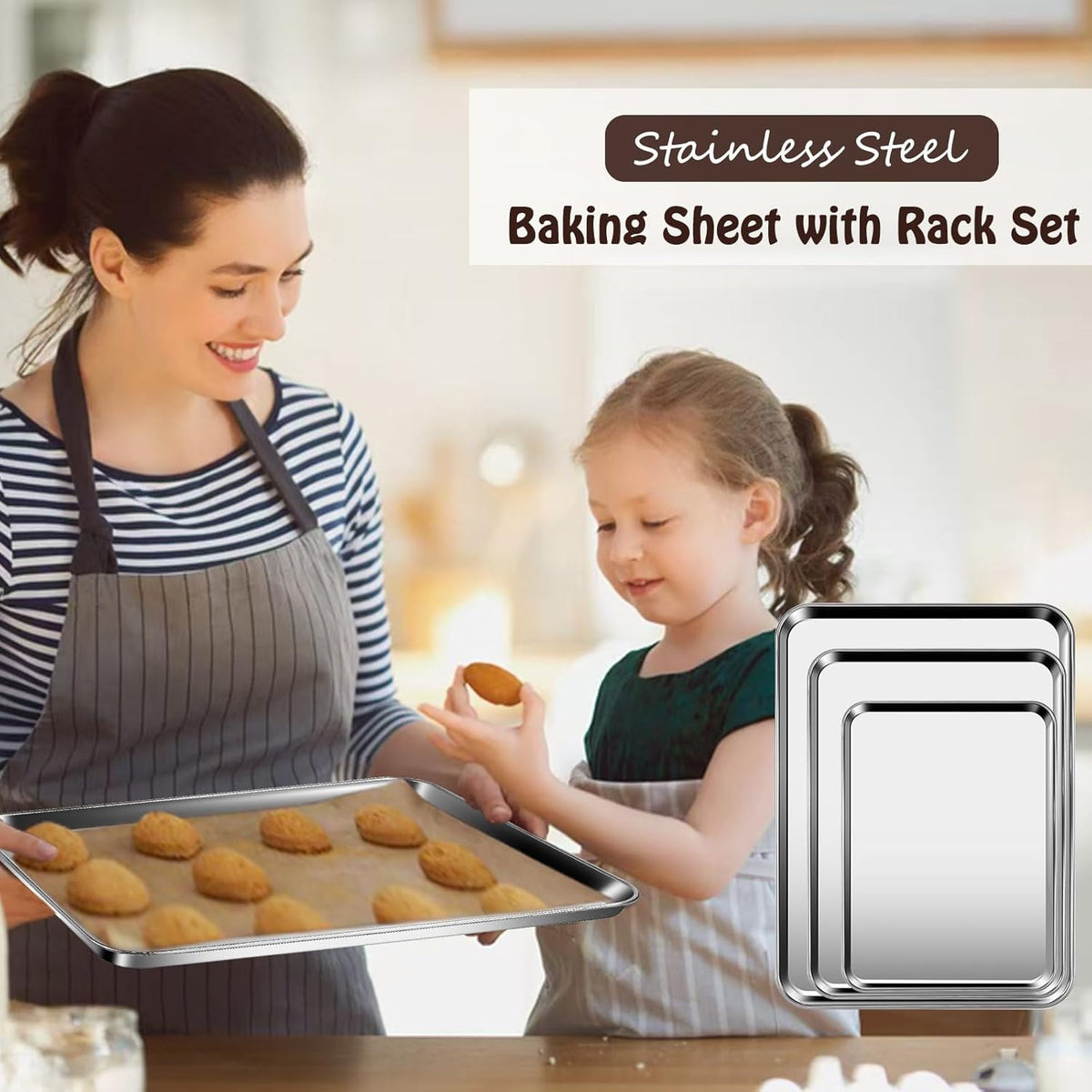 Baking Sheet with Racks Set [2 Sheets + 2 Racks], Stainless Steel Baking Sheets with Cooling Racks, Nonstick Pan, Warp Proof & Rust Proof & Easy to Clean, Size 16 X 12 X 1 Inch