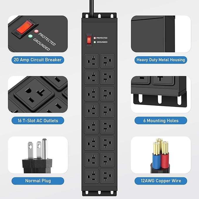 JUNNUJ Heavy Duty 20 Amp Power Strip 4800J, 16 Outlets 12 Gauge Garage Industrial Surge Protector, High Amp 5-15P Adapter Shop 6-20R T-Slot Metal Outlet, 6 FT Extension Cord Commercial for Appliance