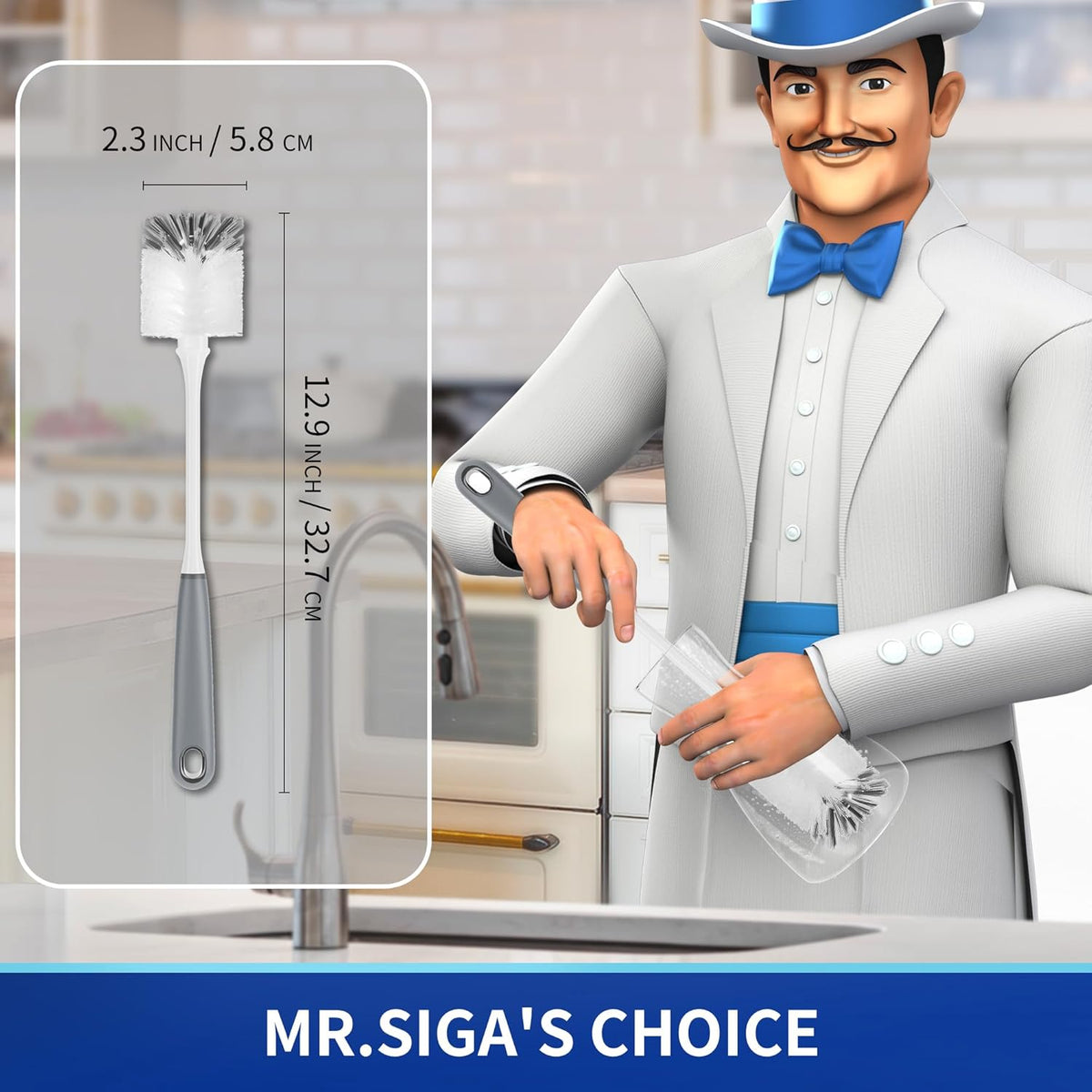MR.SIGA Long Handle Bottle Brush, Flexible Scrub Brush for Water Bottles, Glasswares, Mugs, Gray, 2 Pack