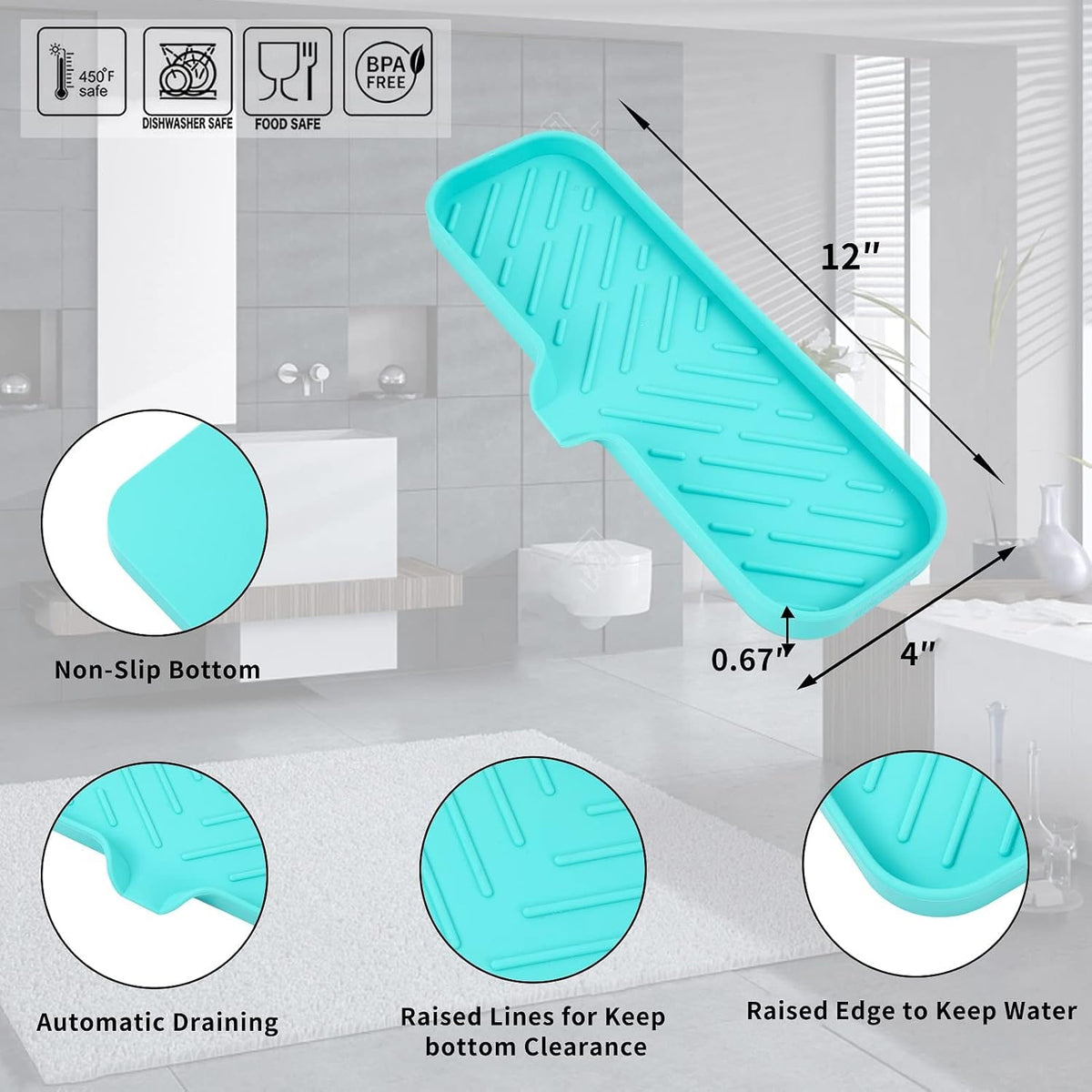 Silicone Bathroom Soap Dishes with Drain Spout-Bathroom and Kitchen Sink Organizer,Sponge Holder,Dish Soap Tray,Perfect for Dispenser,Scrubber,Bottle,Cup on Sink or Counter-Mint 12"×4"