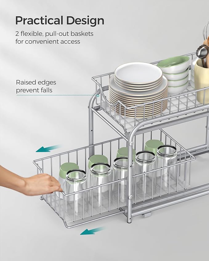 SONGMICS 2-Tier Pull Out Cabinet Organizers, Under Sink Organizer, Bathroom Organizer and Storage, Sliding Basket Drawers, Stackable for Kitchen, Bathroom, Metallic Silver UKCS017E01