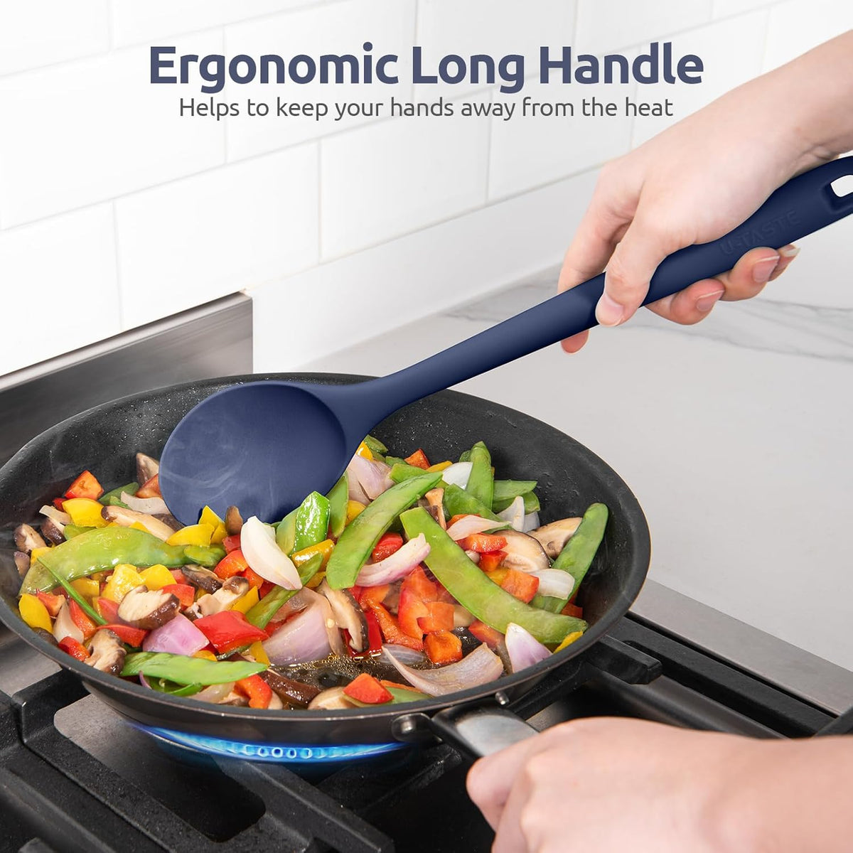600ºF Heat Resistant Silicone Spoon: U-Taste 13.3in Solid Kitchen Cooking Spoon, Nonstick Food Grade Large Soup Rubber Utensil for Mixing, Serving, Stirring, Basting, for Pot Cookware (Midnight Blue)