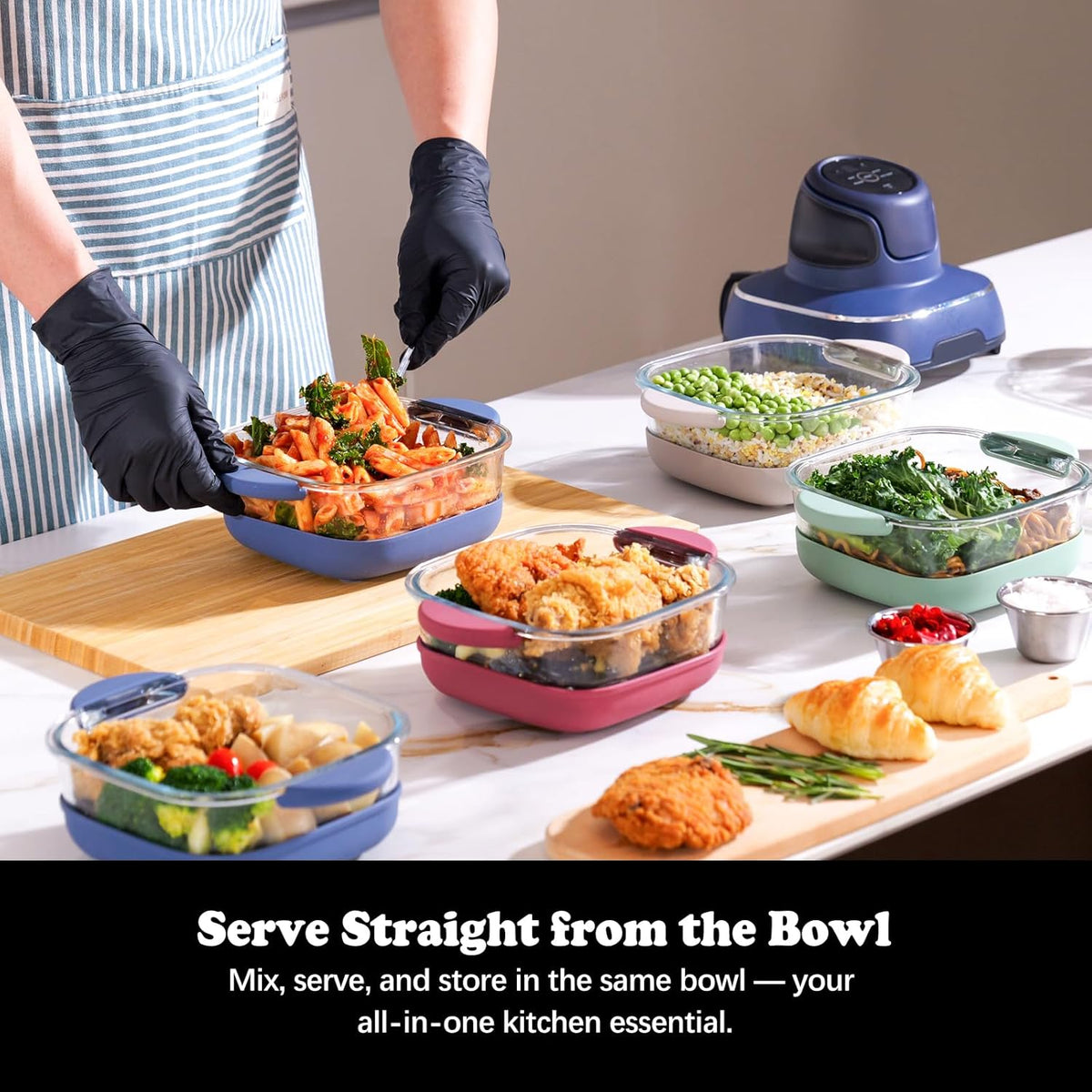 6 Cup Baking Dish Set - 2 Pack, 7 Inch Square Tempered Glass Food Storage Containers with Crispy Tray Compatible with Ninja Crispi Air Fryer - Oven, Microwave, Freezer and Dishwasher Safe