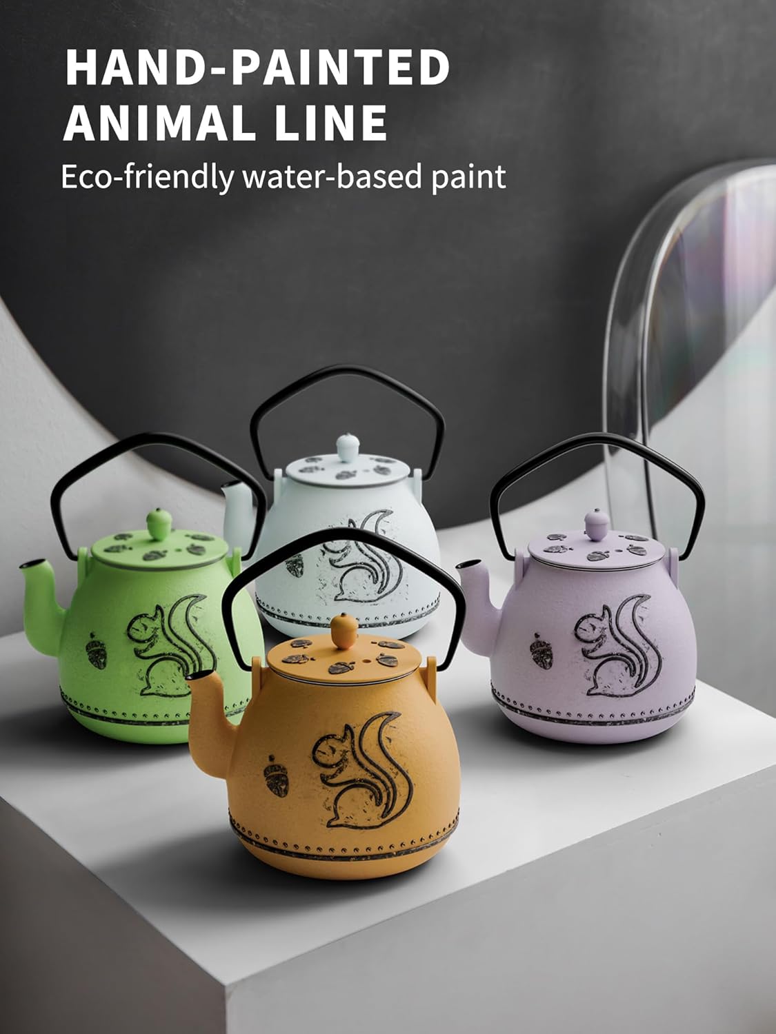 Toptier Teapot with Removable Infuser, Cast Iron Tea Kettle Stovetop Safe, Squirrel Design Tea Pot Coated with Enameled Interior for 32 Ounce (950 ml), Light Blue