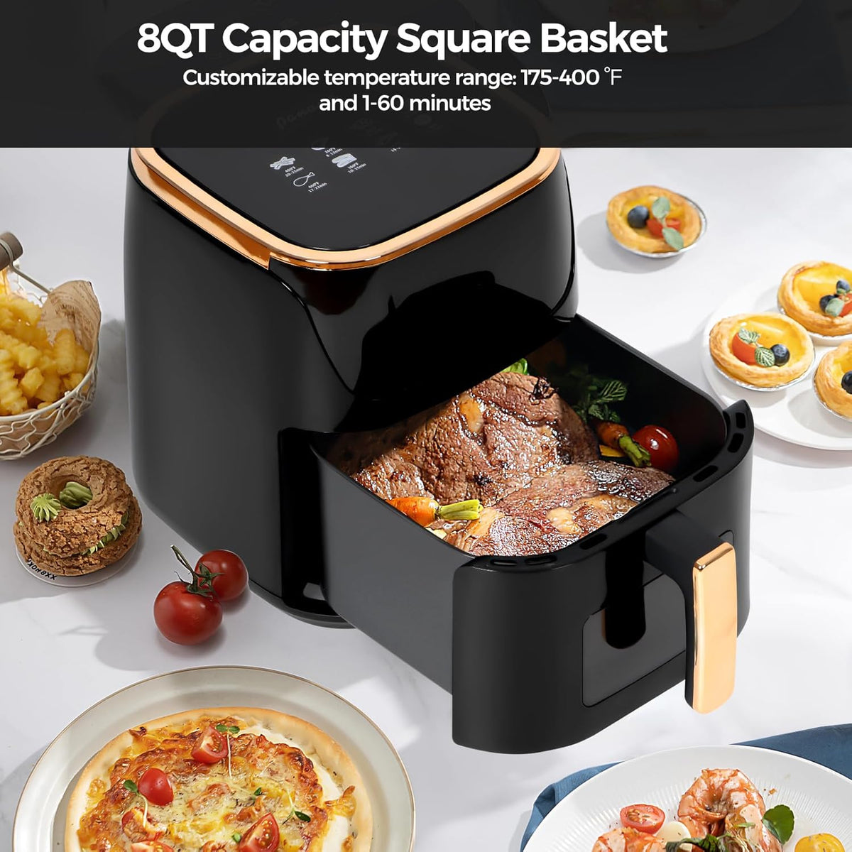 Panana 8QT Large Air Fryer Compact, 8 Preset Menus Airfryer, One-Touch Digital Control Presets, Touchscreen Display, Dishwasher Safe, Nonstick, Fit for Family (Black)