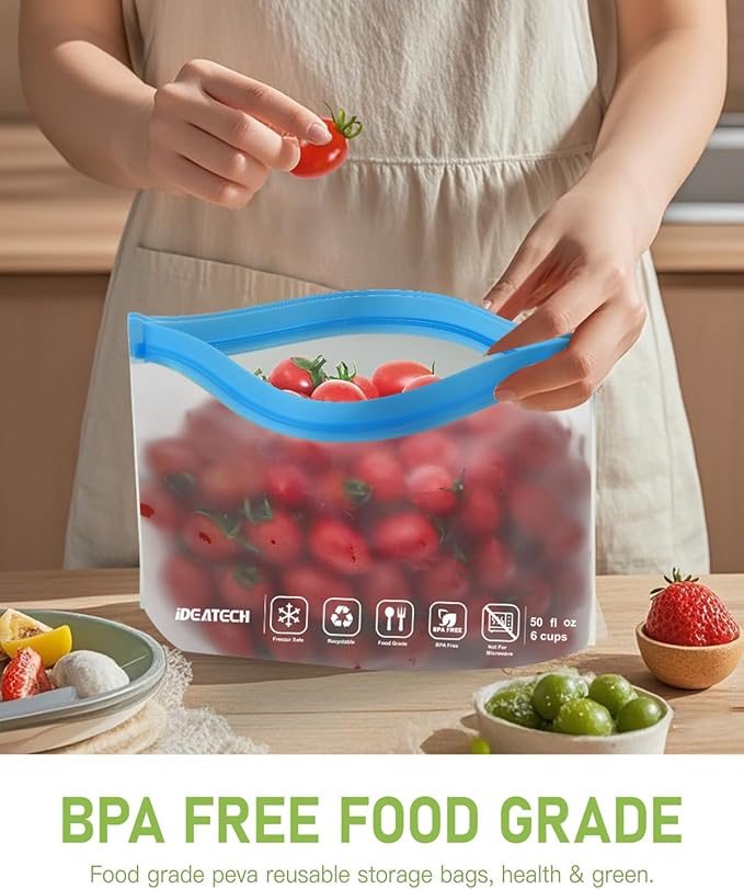 IDEATECH 8Pack Gallon Bags Dishwasher Safe, Leakproof Reusable Gallon Freezer Bags, BPA Free Reusable Gallon Bags, Reusable Food Storage Bags Silicone for Meats, Sandwich, Travel (8Gallon, Colored)