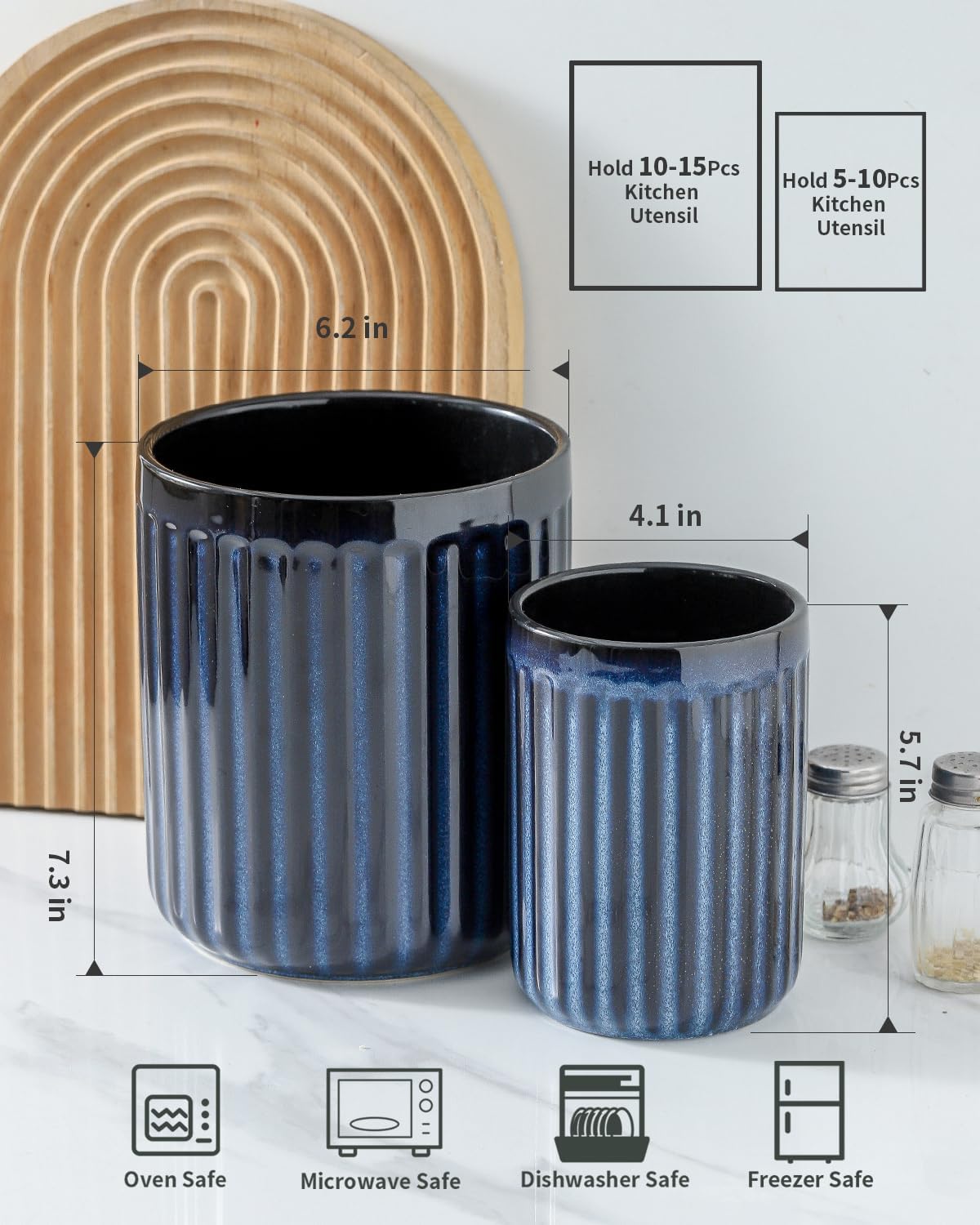 Hasense Cooking Utensil Holder, 7.3" + 5.7" - Large Utensil Crock for Farmhouse Kitchen Decor, Spatula Storage Organizer, Set of 2, Navy Blue
