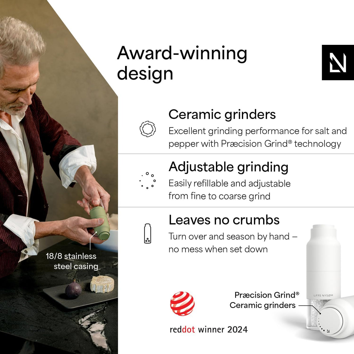 LARS NYSØM Salt and Pepper Grinder Set, Stainless Steel Manual Salt and Pepper Mills, Adjustable Ceramic Grinder, Design Spice Shakers (Pure White)