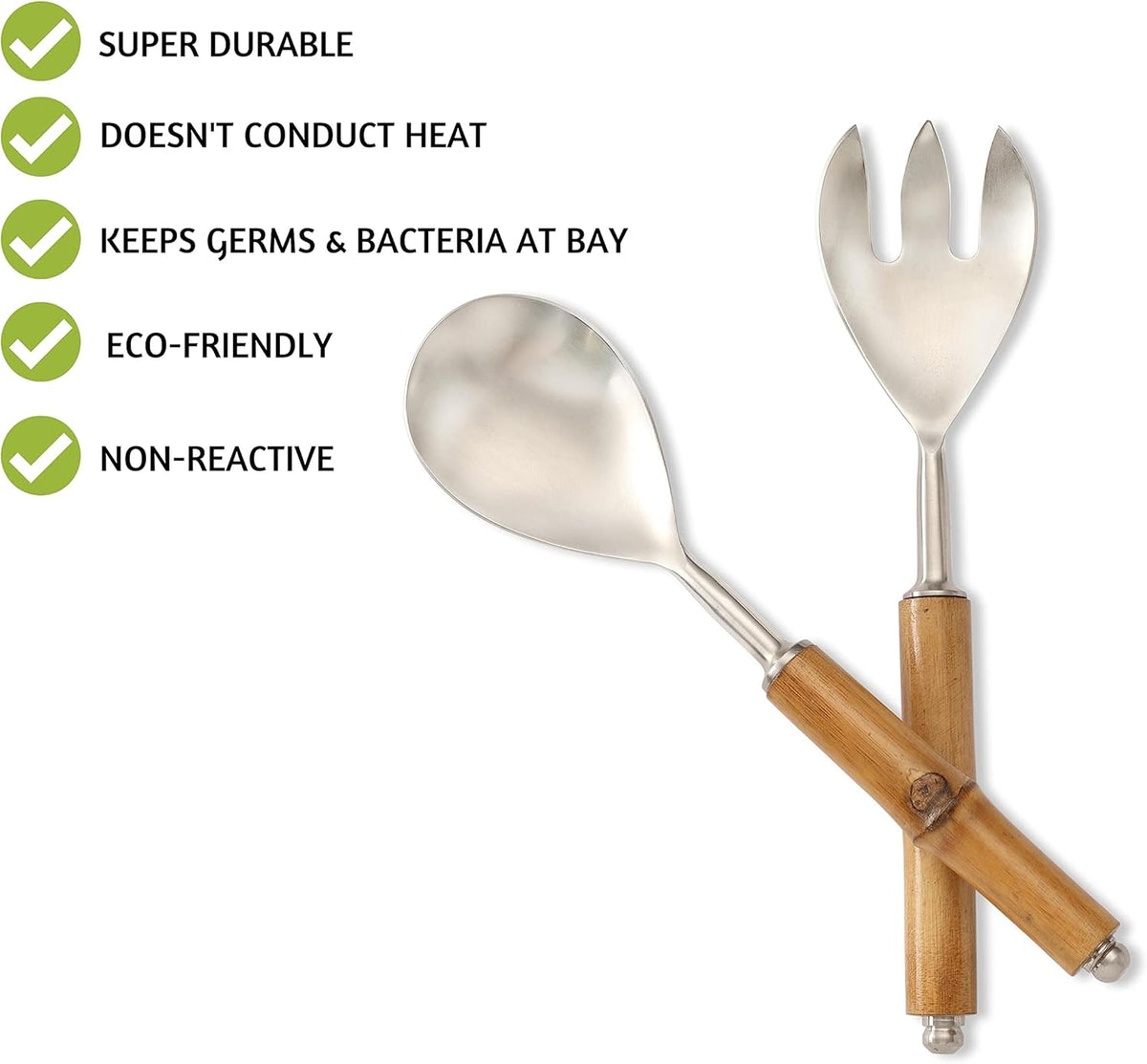 Folkulture Serving Utensils for Modern Cooking, Stainless Steel Salad Servers or Tongs, 12 Inch Tosser, Spoon and Fork Set With Bamboo Handle, Silver