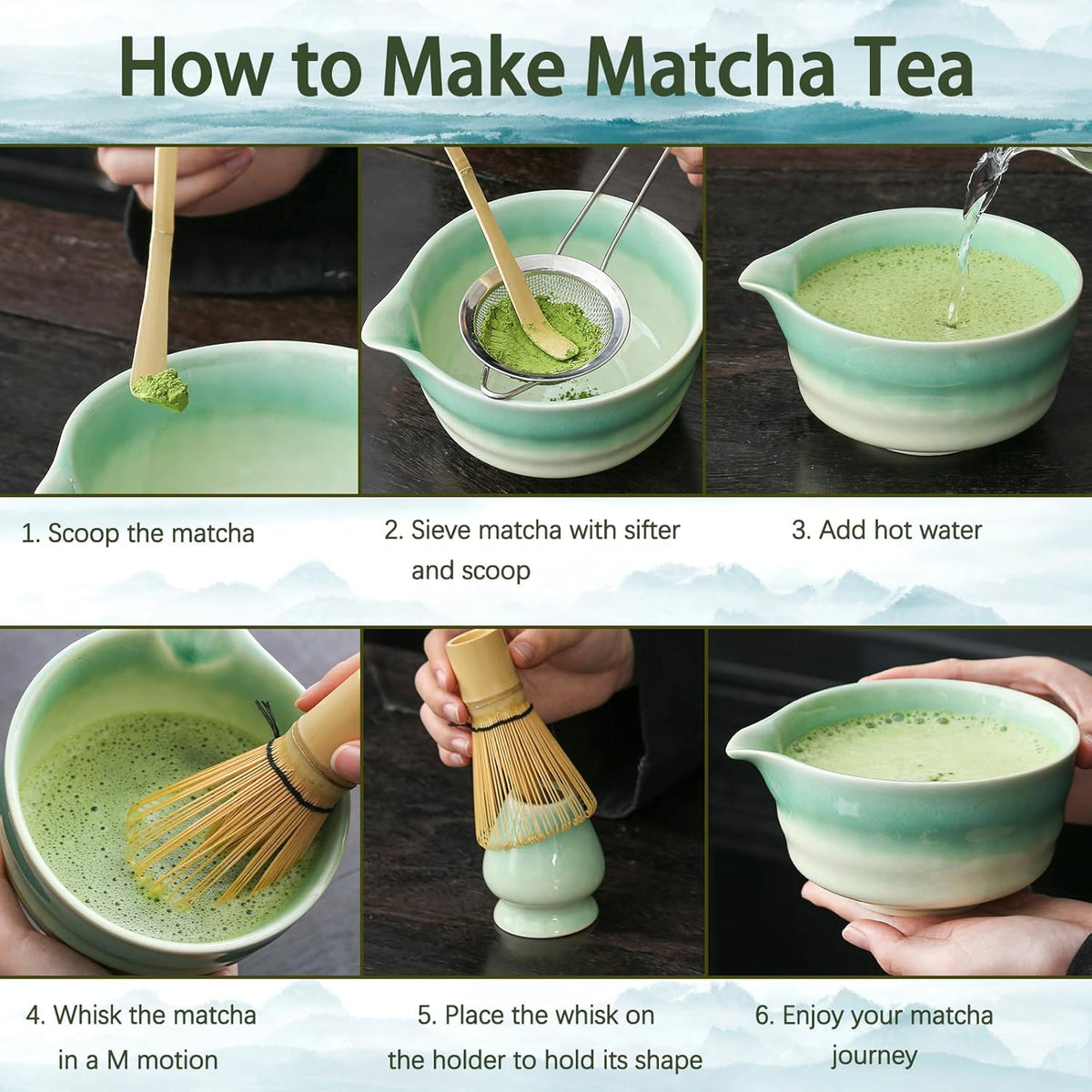 Japanese Matcha Set, Matcha Bowl with Spout, Matcha Whisk and Holder, Bamboo Matcha Scoop and Stainless Steel Sifter - 5 Pcs Gradient Green Matcha Kit for Matcha Lover