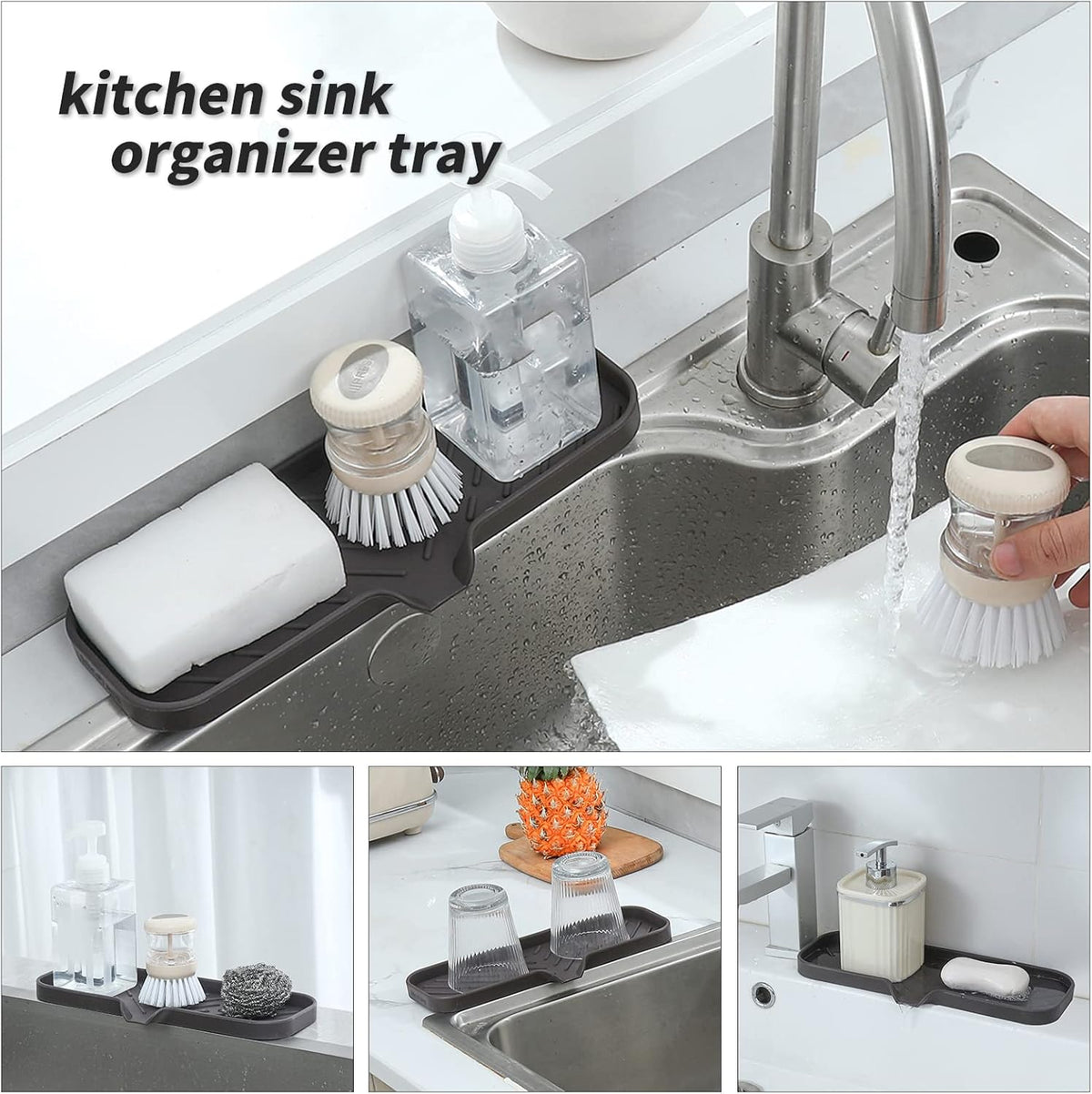 Silicone Bathroom Soap Dishes with Drain Spout-Bathroom and Kitchen Sink Organizer,Sponge Holder,Dish Soap Tray,Perfect for Dispenser,Scrubber,Bottle,Cup on Sink or Counter-Coffee 12"×4"