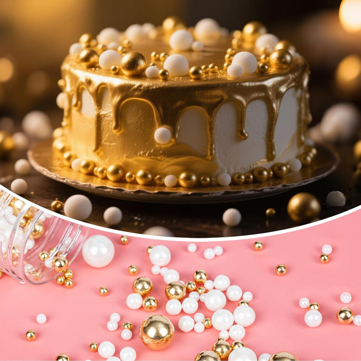 Twisweet Edible Pearl Sprinkles, Gold and White Pearls for Cake Decorating, Gold Sugar Sprinkles for Baking, Mix Size Candy Pearls, Cake Topper Ice Cream Toppings Cupcake Cookie Dessert Decorations, Christmas Wedding Birthday Party Supplies (130g/4.58oz)