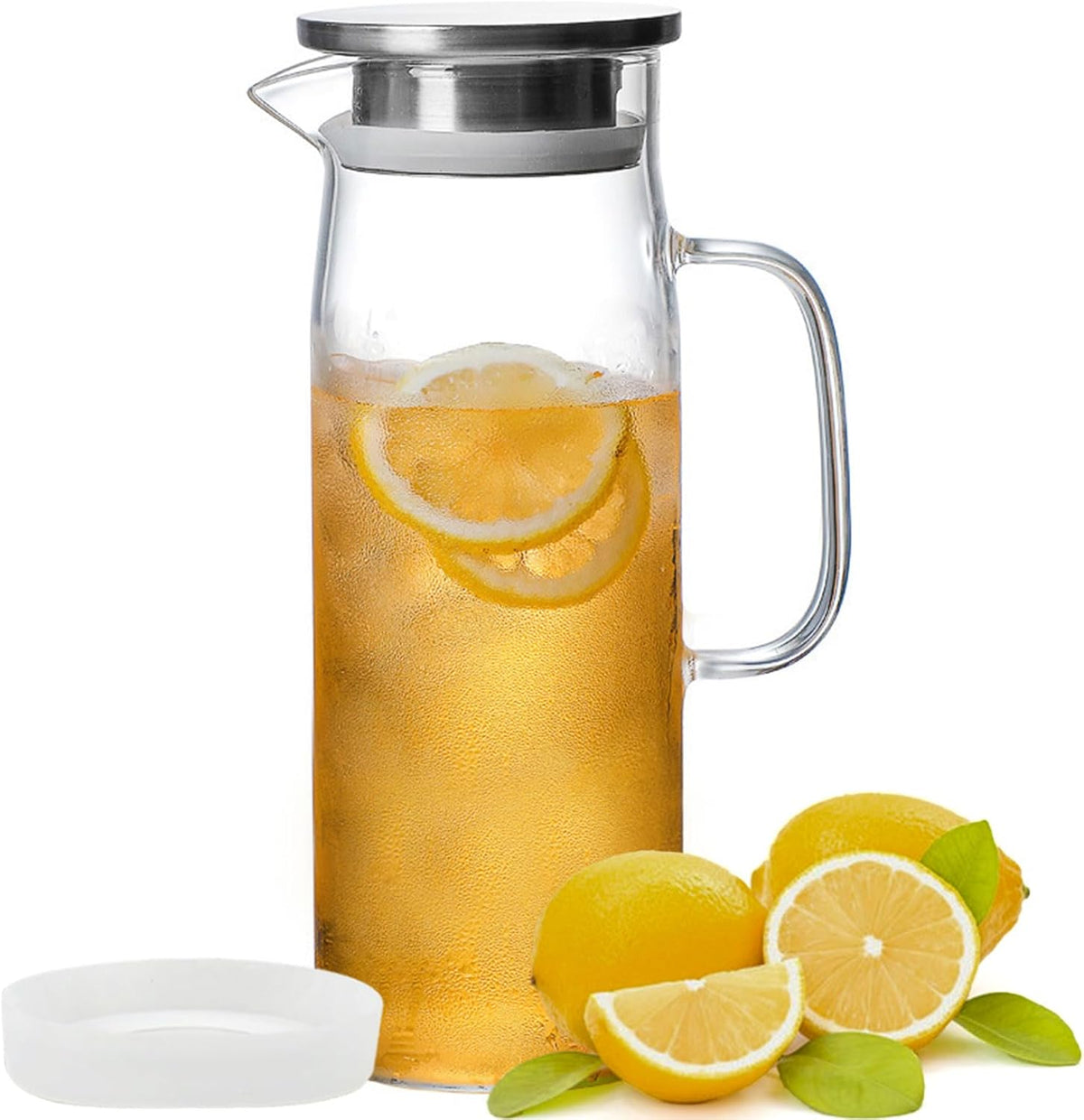 hjn Glass Pitcher with Lid Glass Water Carafe with Handle, Fridge Water Jug Cold or Hot Beverages, Iced Tea, Milk, Juice 1500ml/51oz & aluminium lid