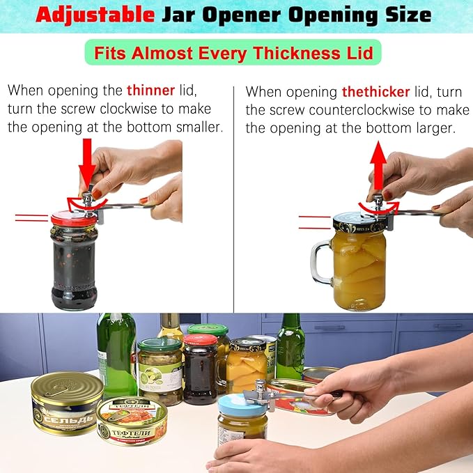 Adjustable Jar Opener Multi-Function Vacuum Can Key Lid & Bottle Cap Opener Tool for Seniors Mason Jar Openers No Lid Dents or Damage - All Stainless Steel Thickened Material, Made For Lifetime