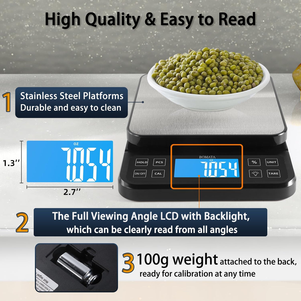 BOMATA Large Kitchen Scale with 0.1g/0.001oz High Precision, 5kg/11lb Bakery Scale with% Percentage Function, USB Rechargeable, Full-View Angle LCD with Backlight, Stainless Steel Pan