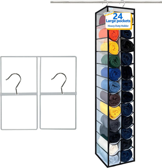 Closet Organization, 24 Section Hanging Closet Organizer, Space Saving, College Dorm Essentials, Heavy Duty Hooks Up to 45 Pounds, White/Black