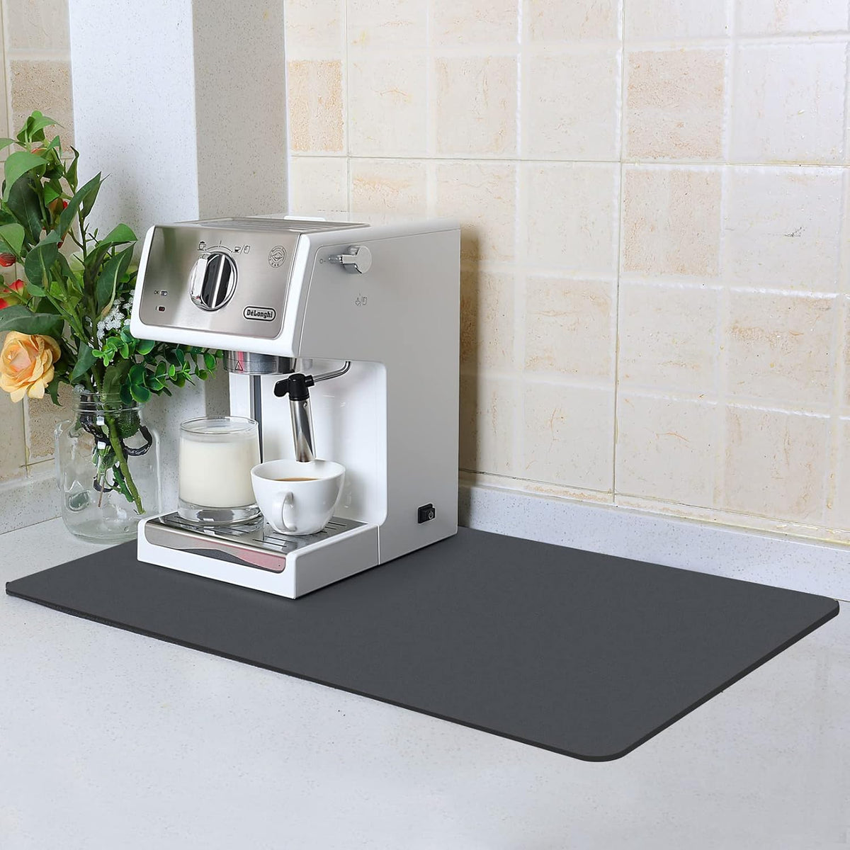 ZLR Coffee Mat - 12" x 20" Middle Kitchen Hide Stain Absorbent Dish Drying Mat for Countertop - Easy to Clean Coffee Bar Mat for Espresso Machine and Spill Protection - Dark Gray
