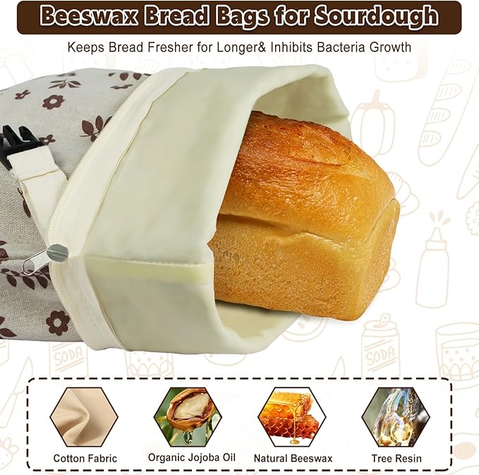 Reusable Bread Bags for Homemade Bread Sourdough, 2 Pack XL Bread Bag with Zipper, 10 Pcs Large Paper Bags with Window, Beeswax-Lined Cotton Storage Bags to Keep Fresh, Freezer Safe Eco-Friendly