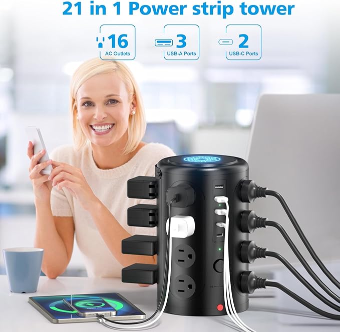 Power Strip Surge Protector Tower with 16 Outlets and 5 USB Ports (2 USB-C), 10ft Extension Cord, 45° Flat Plug, Charging Station for Home, Office, Dorm Room Essentials (Black)