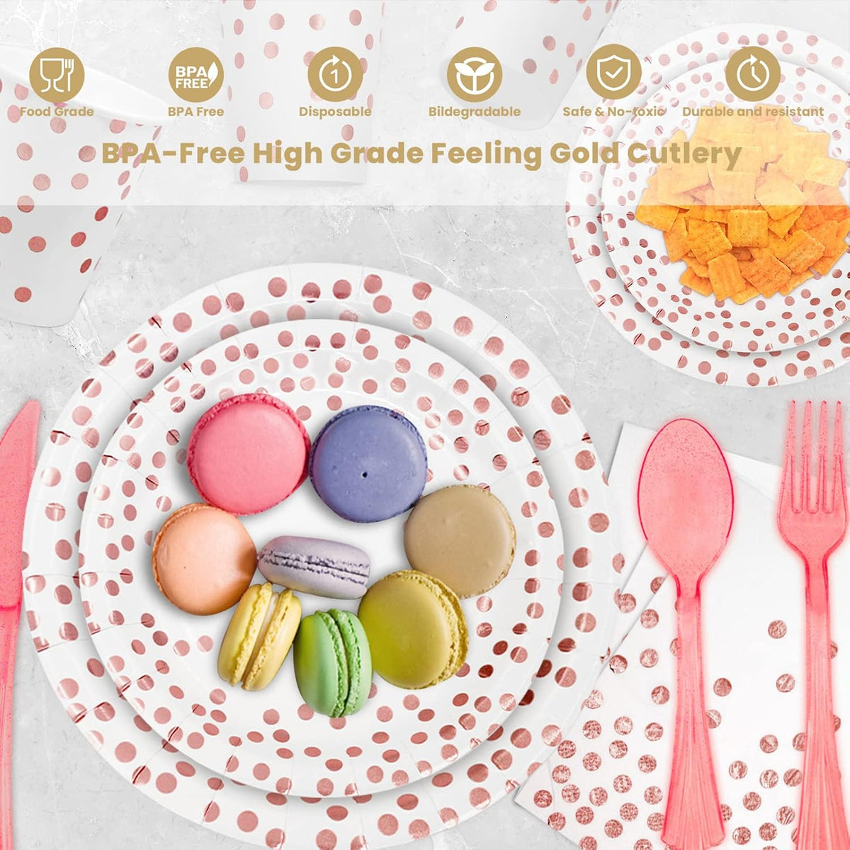 AIRE 350PCS White Rose Gold Paper Plates Party Supplies for 50 Guests Dinnerware Sets Disposable Party Decorations Paper Plates Napkins Cups Plastic Forks Knives Spoons For Birthday Wedding, Parties