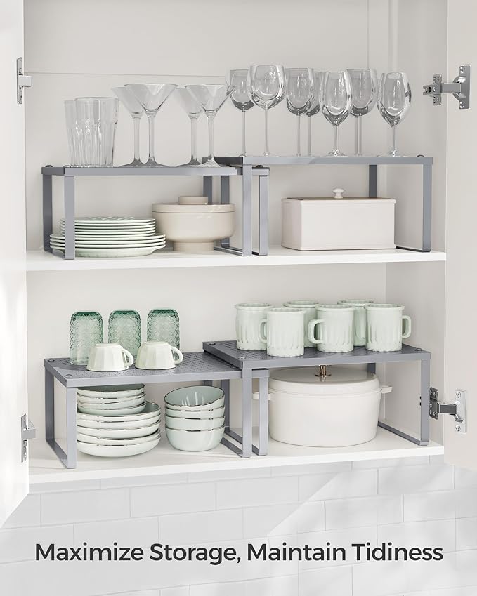 SONGMICS Spice Racks, Set of 2 Metal Cabinet Shelf Organizers, Countertop Organizers, Shelf Risers, Stackable, Expandable, Silver UKCS01SV