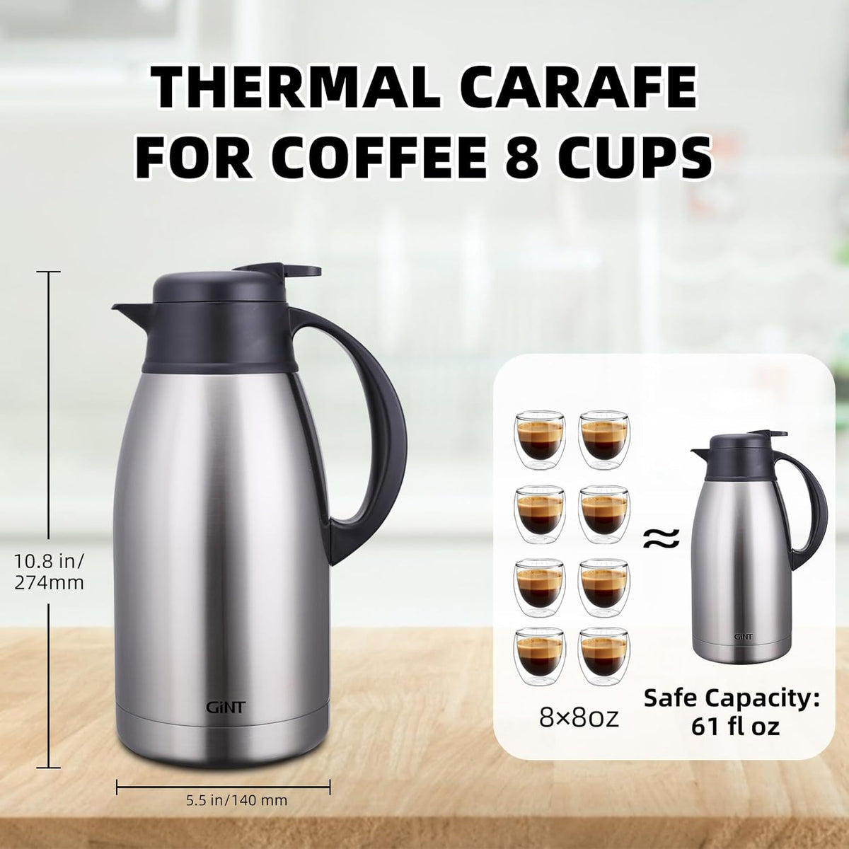 GiNT Stainless Steel Thermal Coffee Carafe, Double Walled Vacuum Water and Beverage Dispenser, 12 Hour Heat Retention, 65 OZ /1.9 Liter, Silver