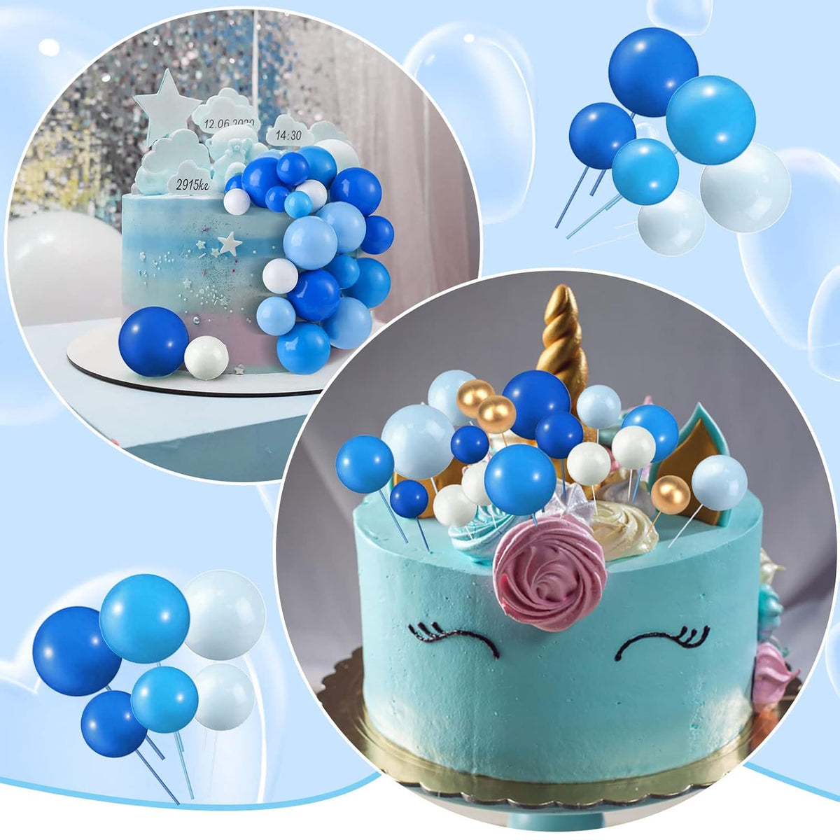 108 Pcs Balls Cake Topper DIY Cupcake Insert Foam Balloons for Cake Baking Wedding Anniversary Birthday Decoration(Assorted Blue, White, Gold,Multi Sizes)