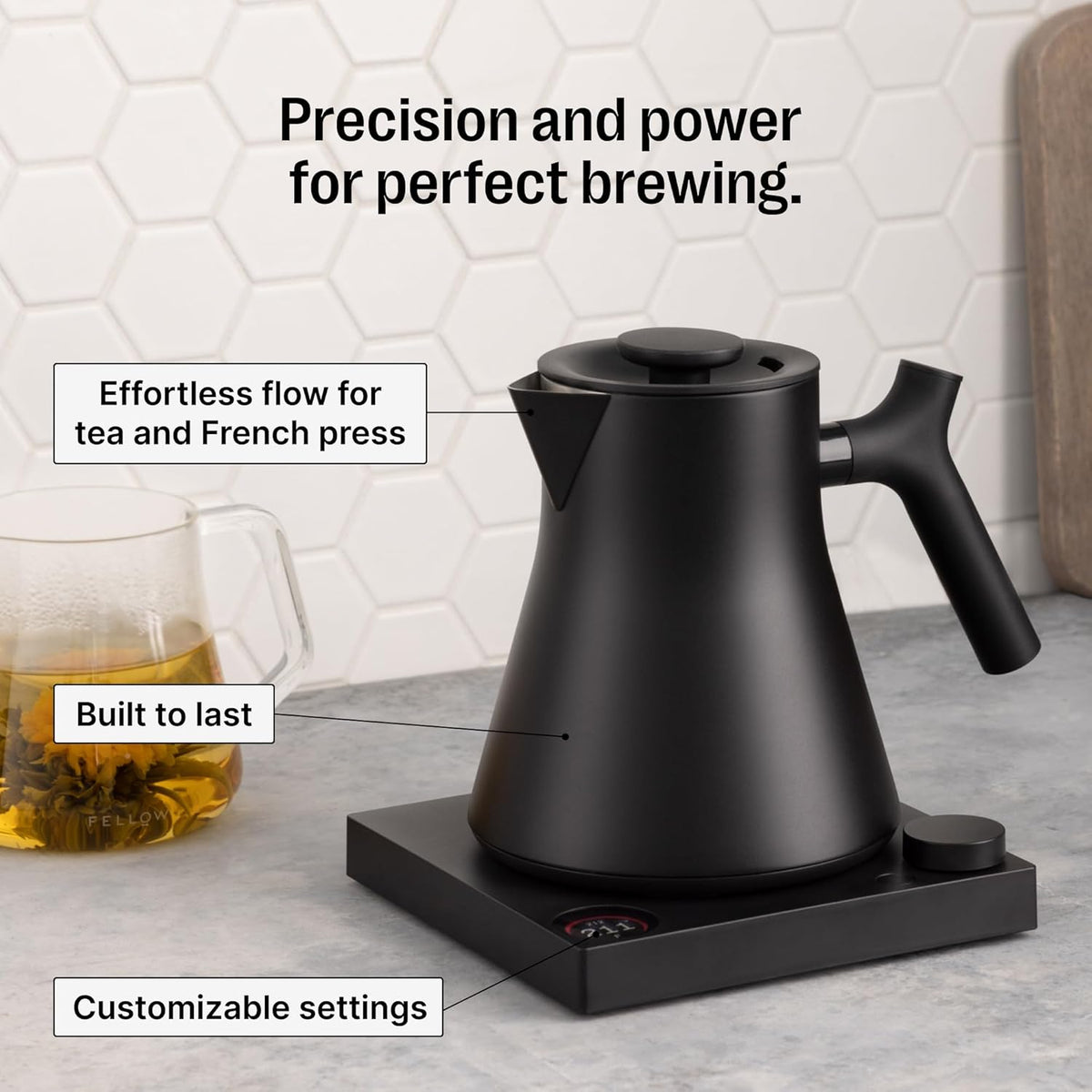 Fellow Corvo EKG Pro Electric Tea Kettle - Quick Heating, Precise Temperature Control Electric Kettle, Scheduling, Built-in Brew Timer for Boiling Water - Matte White with Maple Handle - 0.9 Liter