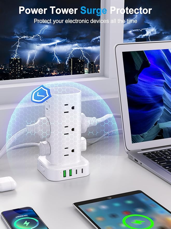 Power Strip Tower with Multiple Outlets, Flat Plug Surge Protector Tower Extension Cord with 12 AC Outlets 4 USB Ports (2 USB C), 10FT Cord Power Tower Surge Protector for Home Office Dorm Room, White